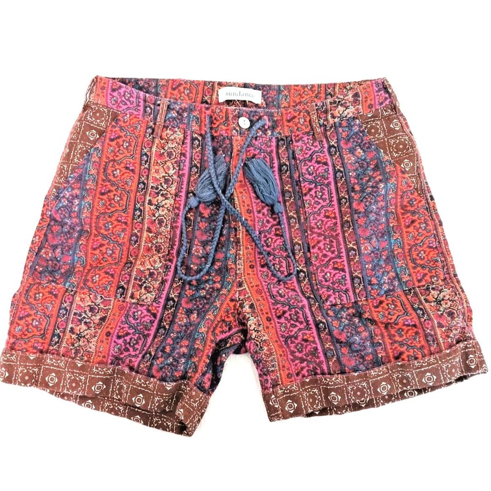 Sundance Linen Cotton Boho Print Shorts Women’s 12 Tassel Tie Pockets Multicolor